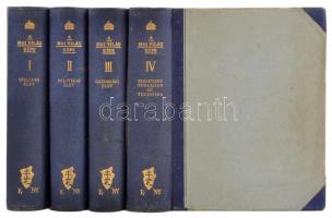 A mai világ képe. I-IV. köt. (4 db) Teljes! Bp. (1935) KMENY. 607p. 536p. 526p., 576p. I. Szellemi élet. Szerk.: Kornis Gyula. Világnézet, kultúra, erkölcs, tudomány, művészet stb. II. Politikai élet. Szerk.: Gratz Gusztáv. A jelenkor politikája. Politikai rendszerek stb. III. Gazdasági élet. Szerk.: Hegedűs Lóránt. A világháború hatása, közlekedés, világgazdaság stb. IV. Természettudomány és technika. Szerk.: Csűrös Zoltán. Építészet, gyógyítás stb. Kiadói, egységes, aranyozott gerincű félbőr-kötésben. Gazdag kép-, térkép-, és ábraanyaggal. Félbőr kötésben