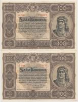 1920. 100K (2x) sorszámkövetők T:I,I- Hungary 1920. 100 Korona (2x) sequential serials C:UNC,AU Adamo K29