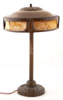 Antik asztali lámpa, nem működik, hiányzik néhány csavar, réz-vászon, apró horpadásokkal, m:52 cm /  Antique lamp, doesnt work, copper with textile, with small damages, h: 52 cm