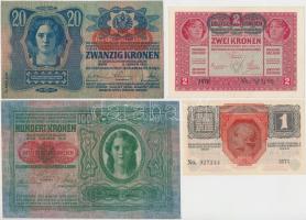 1912. 100K + 1913. 20K + 1916. 1K + 1917. 2K mindegyik "Deutschösterreich" felülbélyegzéss...