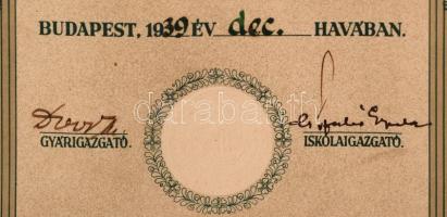 1939 emlékoklevél "Ganz és Társa Villamossági Gép, Waggon- és Hajógyár RT. szolgálatban töltött...