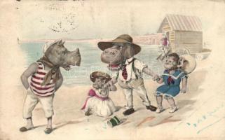 Család a tengerparton, víziló, orrszarvú / Family on the Beach, hippo, rhino (ázott / wet damage)