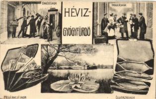 Hévíz-gyógyfürdő, érkezéskor-induláskor humoros lap - 2 db régi képeslap, vegyes minőség