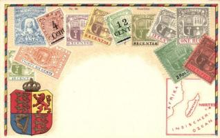 Mauritius, set of stamps, coat of arms, map, Ottmar Ziehers Carte Philatelique Nr. 88. Emb. litho