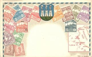 San Marino; set of stamps, coat of arms, map, Ottmar Ziehers Carte Philatelique Nr. 76. Emb. litho
