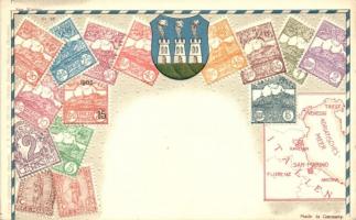 San Marino; set of stamps, coat of arms, map, Ottmar Zieher&#039;s Carte Philatelique Nr. 76. Emb. litho