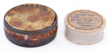 Eucarbon bélfertőtlenítő tabletta feliratú fém, és Budapest Gyógyszertár Vállalat feliratú papír dobozka, d: 4 és 5,5 cm