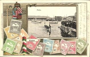 Fiume, Porto, Philatelie-Ansichtskarte, stamps, coat of arms litho (EK)