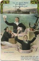 'Wie sich unsere Marine beim Eintreffen der Heimatspost freut' / What makes our sailors happy at the home port, K.u.K. navy greeting card (vágott / cut)