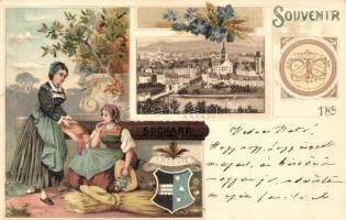 Aarau, Cacao Suchard advertisement, folklore, coat of arms, floral, litho (fl)