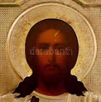 19. sz., Megváltó Krisztus, antik orosz ikon, festett fa, aranyozott ezüst okládban, ezüstjellel, 22...