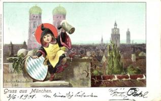 München, child with beer, coat of arms, Heliocolorkarte von Ottmar Zieher Emb. (EK)