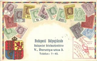 Straits Settlements, set of stamp, coat of arms, map, Budapesti Bélyegtőzsde, Ottmar Ziehers Carte Philatelique Nr. 90. litho, So. Stpl