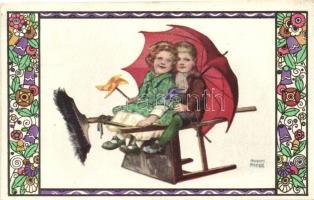 Children on a chair with umbrella, Art Nouveau, B.K.W.I. 587-2. s: August Patek