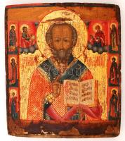Jelzés nélkül: Szent Miklós, antik orosz ikon, tojástempera, fatábla, sérült, 32×27,5 cm   19th century, Saint Nicholas in the circle of saints, antique Russian icon, painted wood, damaged on the edges, 32×27 cm