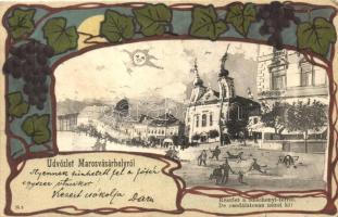 Marosvásárhely, Targu Mures; Széchenyi tér, humoros részege lap, szőlők, kiadja Holbach Ede / square, humorous drunk art postcard, grapes, Art Nouveau litho (EK)