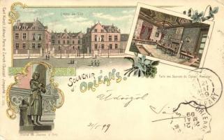 1899 Orléans, Hotel de Ville, Statue de Jeanne d&#039;Arc, Salle des Seances du Conseil Municipal / town hall, statue, Municipal Council hall, interior, Carl Künzli No. 1396. floral, Art Nouveau litho (EK)