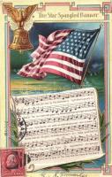 The Star Spangled Banner; National anthem of the United States of America, flag, music sheet, patriotic propaganda, Emb. litho