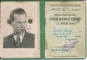 1939 Magyar Királyi Államvasutak Kedvezményesárú Éves Bérletjegy, 11x8cm