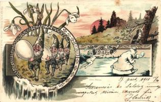 Dwarves, spring greeting card, Art Nouveau litho s: Edm. Preiss (EK)