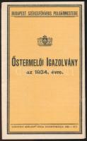 1934 Őstermelői Igazolvány, Budapest Székesfőváros Polgármestere, kitöltetlen, 16x10cm