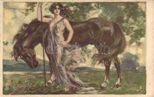 Italian art postcard, lady with horse s: T. Corbella