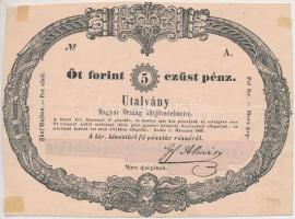 1849. 5Ft fekete, csak előlapi MINTA nyomat, a &quot;Példány. Aláírások. Példány.&quot; rész leragasztva, rajta feltehetőleg hamis &quot;Gf Almásy&quot; aláírással T:III ragasztás- és vágásnyom Hungary 1849. 5 Forint black, only Formulare front print, &quot;Példány. Aláírások. Példány.&quot; part is taped over, with probably fake &quot;Gf Almásy&quot; signature C:F cut mark, tape mark Adamo G110Mvar!