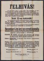 cca 1920-30 Felhívás a Budapest volt házi ezredének a cs. és kir. 32. gyalogezred hősi halottainak emlékére, jó állapotú plakát, 63x47cm