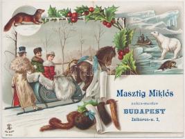 1899 Masztig Miklós szűcs-mester (Bp., Zsibárus u. 2.) Bunda és szőrmeáru-raktára litho reklámnyomtatvány, középen hajtásnyommal, 11x14cm