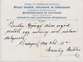 1899 Masztig Miklós szűcs-mester (Bp., Zsibárus u. 2.) Bunda és szőrmeáru-raktára litho reklámnyomta...