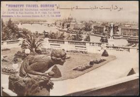 cca 1930 Arab nyelven írt Budapest turisztikai reklámnyomtatvány "Hungypt Travel Bureau" bélyegzővel, kihajthatós, 11x17cm