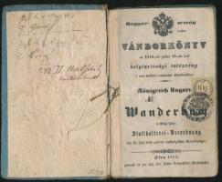 1856 Vándorkönyv magyar ill., német nyelven sok bejegyzéssel, viaszpecséttel, okmánybélyeggel (6kr.), kissé viseltes állapotban