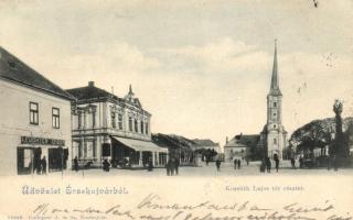 Érsekújvár, Nové Zamky; Kossuth Lajos tér, Leuchter Izidór üzlete, templom / square, shop, church (EK)