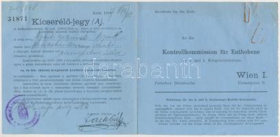 1917 Kicserélő-jegy, tényleges katonai szolgálat alól bizonytalan időre felmentve, 27x13cm