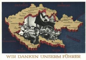 Wir danken unserm Führer / Adolf Hitler, Konrad Henlein, NS propaganda, map of the Czech Republic, 6 Ga. (Rb)