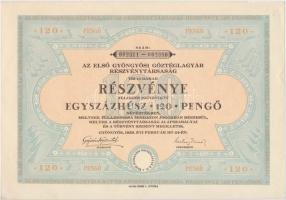 Gyöngyös 1929. &quot;Az Első Gyöngyösi Gőztéglagyár Részvénytársaság&quot; részvénye 120P-ről szelvényekkel T:I- Hungary / Gyöngyös 1929. &quot;The First Brick Facktory of Gyöngyös&quot; share about 120 Pengő, with coupons C:AU