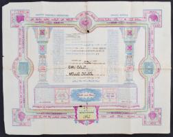 cca 1930 Jeruzsálemi magyar izraelita közösség által kiállított díszes oklevél. Kissé sérült. / cca 1930 Warrant of the Israelitan community of Hungarians Austrians in Jerusalem. Slightly damaged. 60x47 cm