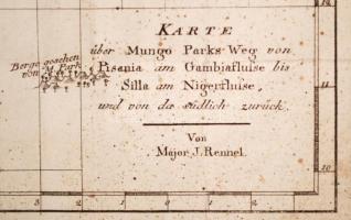 1799 Karte über Mungo Parks Weg von Pisania am Gambiafluße bis Silla am Nigerfluße und von da südlic...
