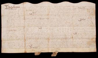 1663 Howden, Yorkshire, angol nyelvű házassági szerződés, pergamen, pecsétek befüggesztéseivel /  1663 Howden, Yorkshire, marriage contract in English, parchment, with traces of seals