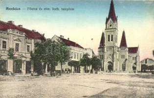 Munkács, Mukacheve, Mukacevo; Fő utca, Római katolikus templom / main street, Roman Catholic church
