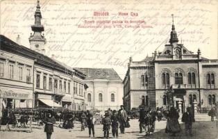 Újvidék, Novi Sad; Szerb püspöki palota és templom, Klein és Popper és Stein Mór üzlete / Serbian bishop's palace and church, shops