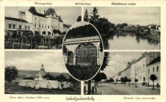 Székelyudvarhely, Odorheiu Secuiesc; Vármegyeháza, Székely-kapu, Jézus Szíve kápolna, Küküllő part, Kossuth Lajos utca / town-hall, gate, chapel, riverbank, street (Rb)