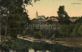 Cseklész, Bernolákovo; látkép, folyópart, templom / panorama, riverbank, church