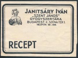 cca 1940 Janitsáry Iván Szent János Gyógyszertára, Bp., II., Széna tér 1. receptboríték, 8x11cm