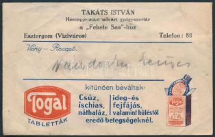 cca 1930 Takáts István Hercegprímás udvari gyógyszertár a "Fekete Sas"-hoz, Esztergom (Viziváros), 8x13cm+ recept Dr. Hamza József, (Esztergom, Lőrinc ucca 13.), 17x8cm