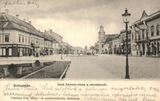 Kolozsvár, Cluj; Deák Ferenc utca, Városháza, Tamási Tamás és fia üzlete, kiadja Fabritius Erik / street, town hall (EK)