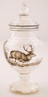 cca 1920 Haida fedeles váza, kézzel festett vadász jelenettel, formába öntött, jelzés nélkül, hibátlan / Haida hand-painted vase with lid. Hunting scene, m:27 cm