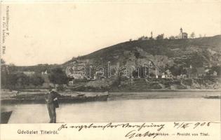 Titel, part, csónakok, Kálvária hegy; kiadja Schmidtmayer F. és fiai / river bank, boats, calvary hill