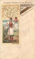 1899 Üdvözlet Magyarországból! Magyar népviselet, térkép; Schmidt Victor és fiai, Bécs / Hungarian folklore, map, litho (EK)