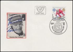 1982 Az osztrák alpesi síbajnokság négy versenyzője által aláírt első napi lebélyegzett levelezőlap / 1982 Austria, Alpine Ski championship signatures on FDC of 4 skier: Iréne Epple, Maria Epple, Pierra Machi, Daniela Zini.